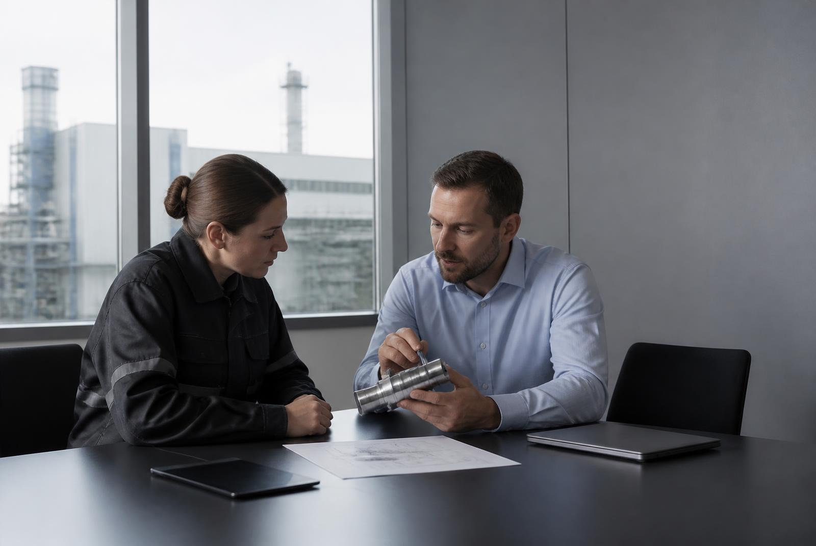 Two industrial professionals reviewing a machined component and technical drawing