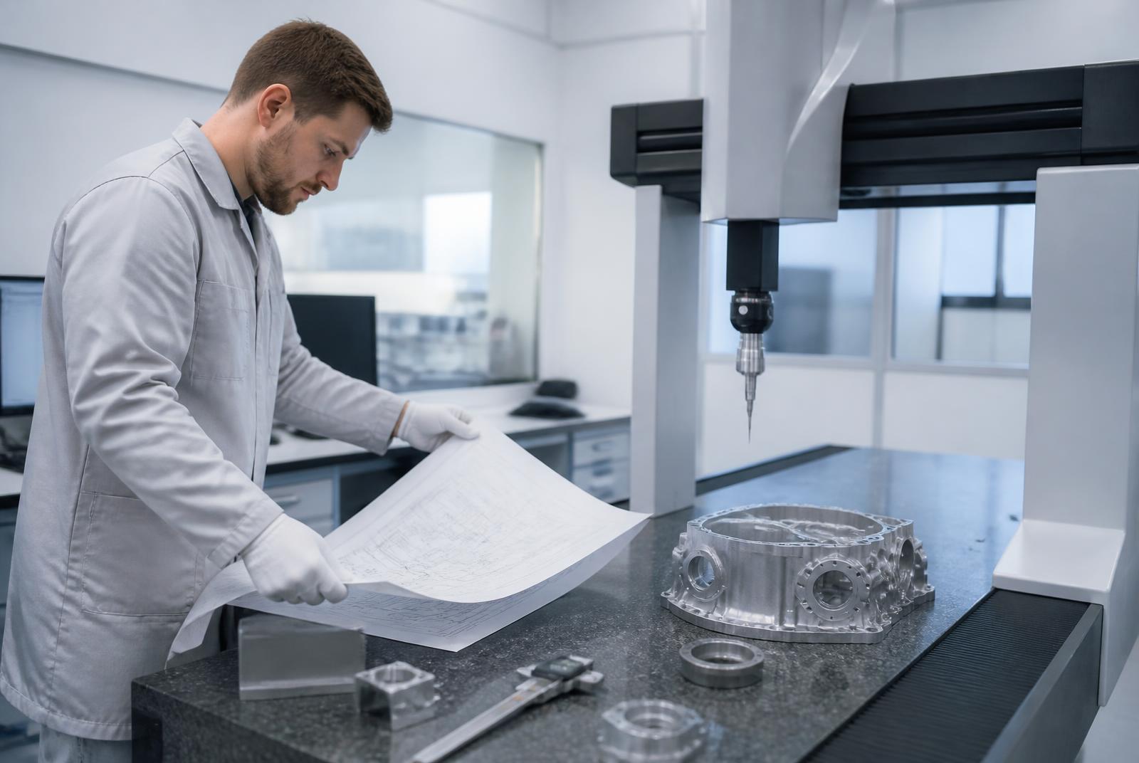 Engineer reviewing a technical drawing next to a measuring machine and machined parts